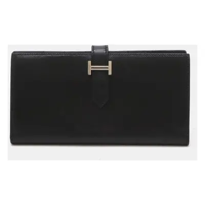 Hermes Bearn Souffle Long Wallet Black Leather Black Leather