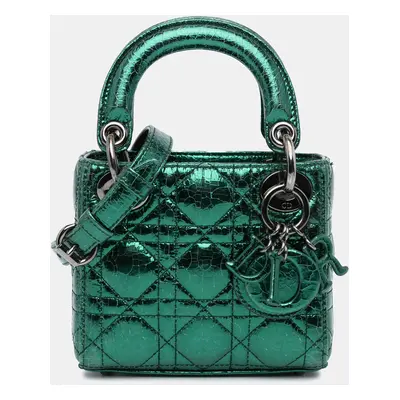 Dior Metallic Green Micro Crinkled Calfskin Cannage Lady Dior