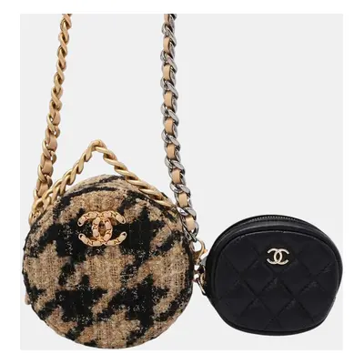 Chanel Black Houndstooth Tweed Leather Chanel19 Matelasse Round Chain Shoulder Bag