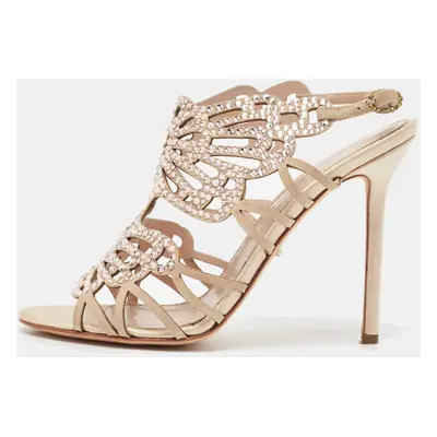 Sergio Rossi Beige Suede Crystal Embellished Slingback Sandals Size