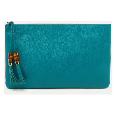 Gucci Teal Blue Leather Bamboo Braided Tassel Zip Clutch