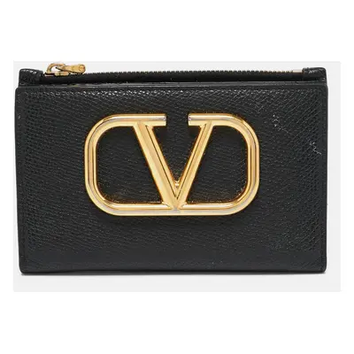 Valentino Black Leather V-Logo Signature Compact Wallet