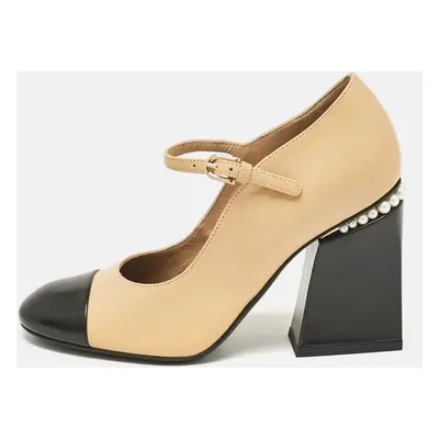 Chanel Beige/Black Leather Cap Toe Mary Jane Pumps Size