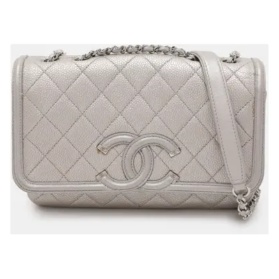 Chanel Silver Quilted Caviar Leather Filigree Flap Bag