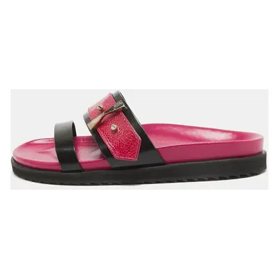 Alexander McQueen Pink/Black Croc Embossed and Leather Flat Slides Size