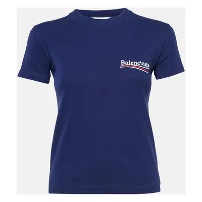 Balenciaga Blue Logo Embroidered Cotton Political Campaign T-Shirt