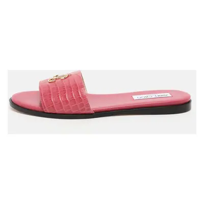 Jimmy Choo Pink Croc Embossed Leather Minea Slide Sandals Size