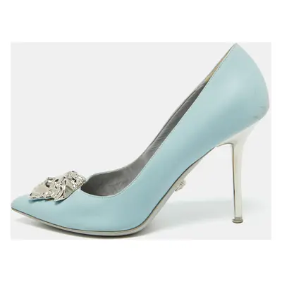 Versace Light Blue Leather Medusa Pointed Toe Pumps Size