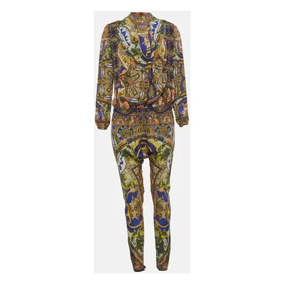 Just Cavalli Multicolor Printed Silk Pleated Long Sleeve Jumpsuit