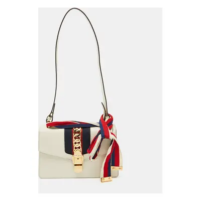 Gucci White Leather Small Web Chain Sylvie Flap Shoulder Bag