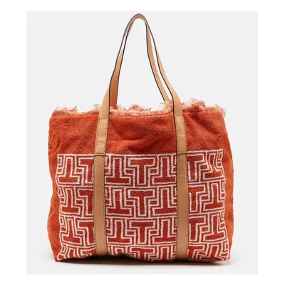 Tory Burch Orange/White Terry Cloth and Leather Printed Tote