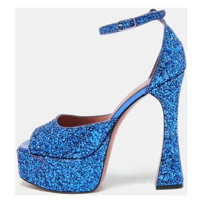 Amina Muaddi Blue Glitter Ankle Strap Sandals Size