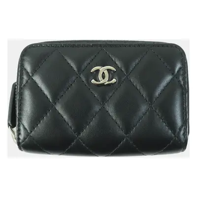 Chanel Black Silver Leather Lambskin Coin Case