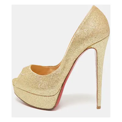 Christian Louboutin Metallic Gold Glitter Lady Peep Platform Pumps Size