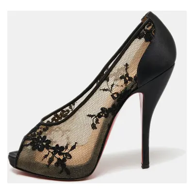 Christian Louboutin Black Lace and Satin Fetilo Peep-Toe Pumps Size