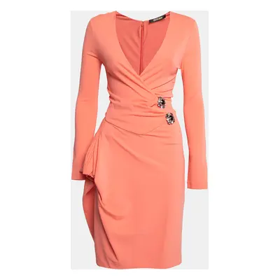 Roberto Cavalli Peach Jersey Embellished Wrap Detail Draped Dress