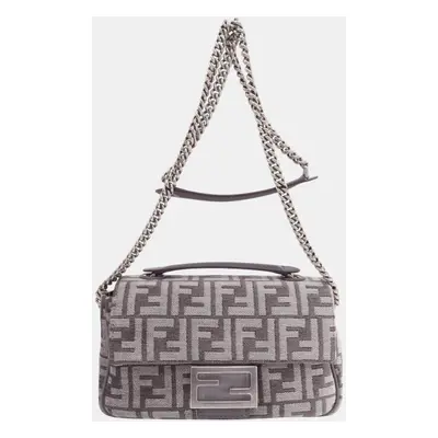 Fendi Grey Polyester Viscose FF Baguette Chain Shoulder Bag