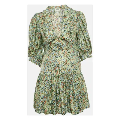 Sandro Green Flowering Print Silk Chelsea Collar Mini Dress