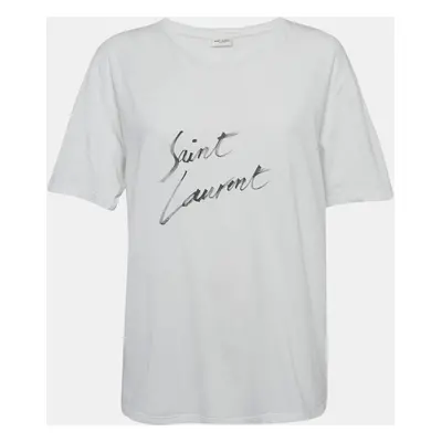 Saint Laurent White Logo Print Cotton Jersey T-Shirt