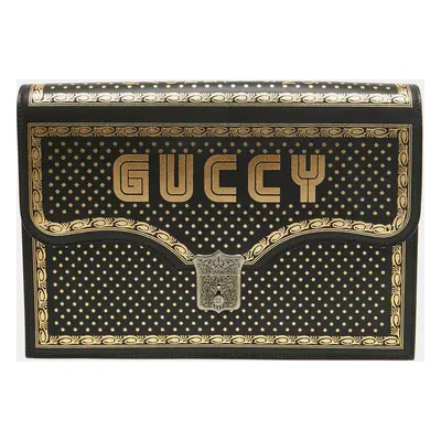 Gucci Black/Gold Leather Printed GUCCY Portfolio Clutch