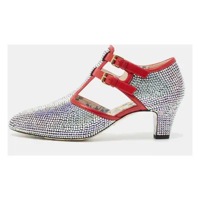 Gucci Metallic/Red Crystal Embellished Fabric and Leather T-Bar Pumps Size 40.5