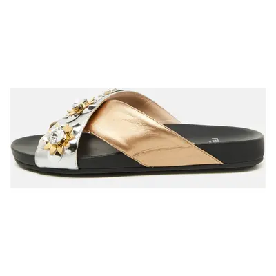 Fendi Silver/Gold Leather Flowerland Studded Criss Cross Flat Slide Sandals Size