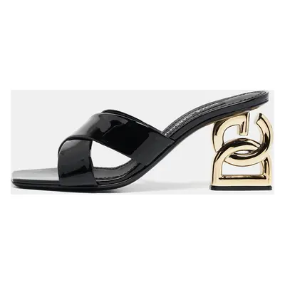 Dolce & Gabbana Black Patent Leather DG Heel Slide Sandals Size