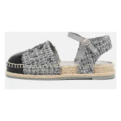 Chanel Grey/Black Tweed and Leather CC Cap Toe Espadrille Sandals Size