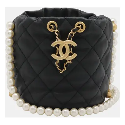 Chanel Black Leather Faux Pearl Chain Shoulder Bag