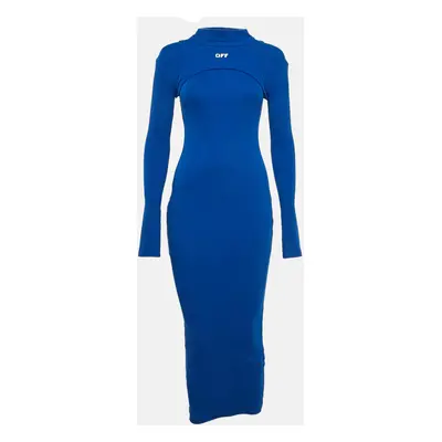 Off-White Blue Logo Print Rib Knit Midi Dress