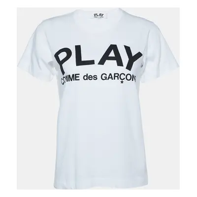 Comme Des Garcons Play White Logo Print Cotton Crew Neck T-Shirt