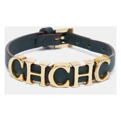 CH Carolina Herrera Forest Green Leather Logo Charms Wrap Bracelet