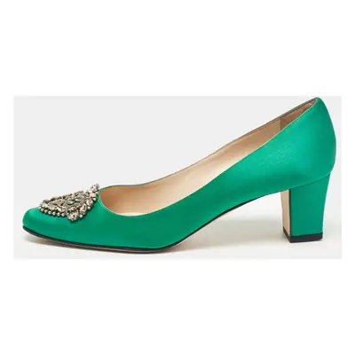 Manolo Blahnik Green Satin Okkaava Crystal Embellished Pumps Size 37.5