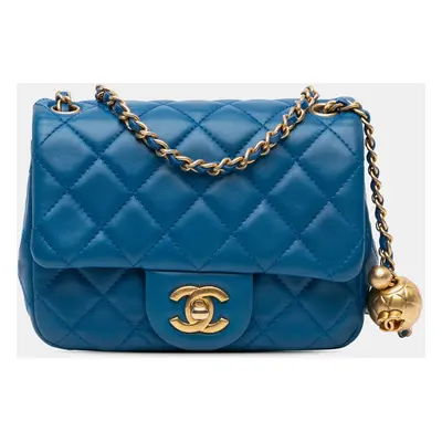 Chanel Blue Leather Chanel Mini Square Classic Lambskin Pearl Crush Single Flap