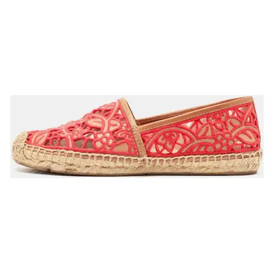 Tory Burch Pink/Brown Lace and Leather Lucia Espadrille Flats Size 37.5