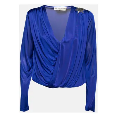 Emilio Pucci Blue Jersey Wrap Effect Pleated Blouse