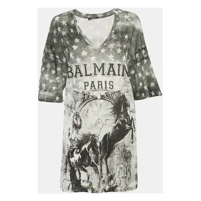 Balmain Grey Printed Linen Jersey V-Neck T-Shirt