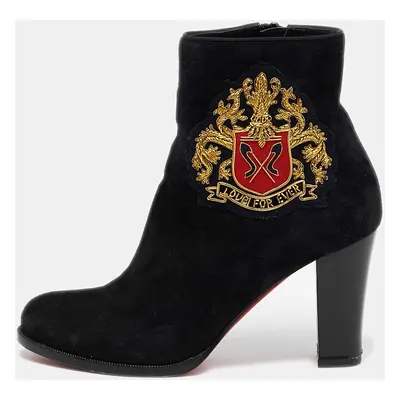 Christian Louboutin Black Suede Embroidered Patch Collegissima Ankle Boots Size 36.5