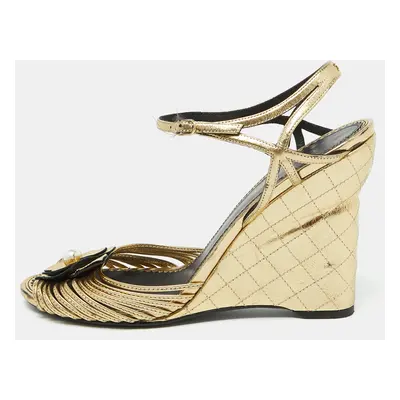 Chanel Gold Leather Camelia Ankle Strap Wedge Sandals Size