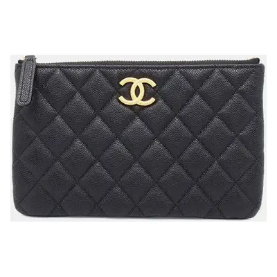 Chanel Black Caviar Leather Matelasse Cc Logo Flat Pouch