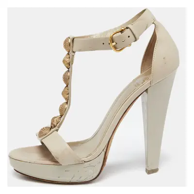 Burberry Grey Leather Embellished T-Strap Platform Sandals Size