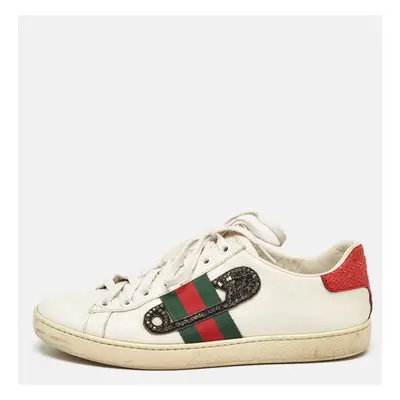 Gucci White Leather Snakeskin Embossed Leather Ace Low Top Sneakers Size