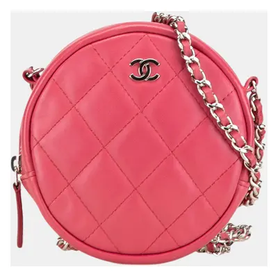 Chanel Pink Quilted Lambskin Round Clutch With Chain