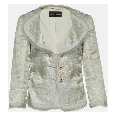 Emporio Armani Grey Checked Linen Blend Ruffle Detail Jacket