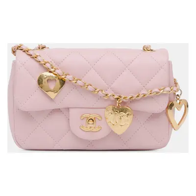 Chanel Pink Lambskin Leather Mini Quilted Heart Charms Flap Bag