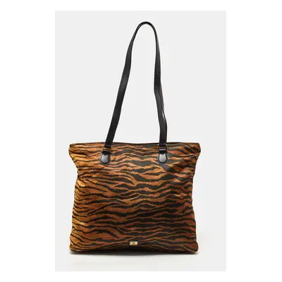 Moschino Brown/Black Zebra Print Fabric and Leather Zip Tote