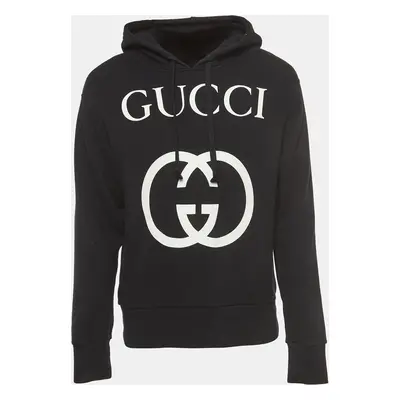 Gucci Black Logo Printed Cotton Knit Hooded Sweatshirt