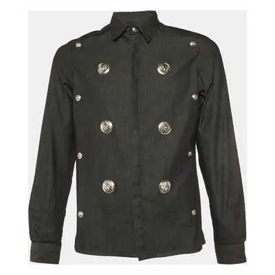 Versus Versace Black Cotton Logo Button Embellished Shirt