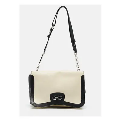 Salvatore Ferragamo Black/Off White Leather Gancini Shoulder Bag