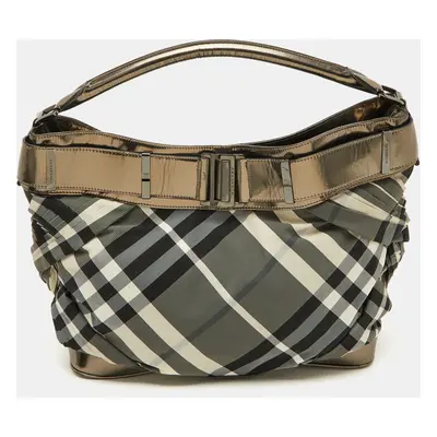 Burberry Metallic/Black Beat Check Nylon and Leather Buckle Hobo